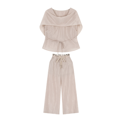 松弛连帽无袖上衣直筒裤套装