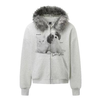 ARAR01原创“波点猫狗”毛领拉链卫衣印花重磅国潮秋连帽男女宽松
