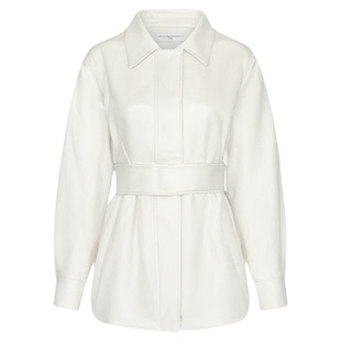 CIZZLEMORE 中长款皮夹克外套白色腰带翻领简约高级感皮衣衬衫