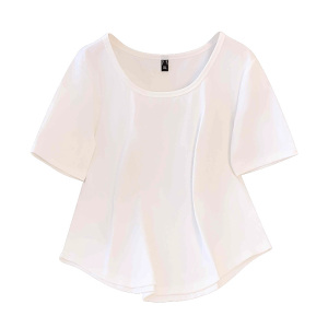 法式锁骨方领上衣夏装胖妹妹纯棉基础T恤大码女装白色短款针织衫