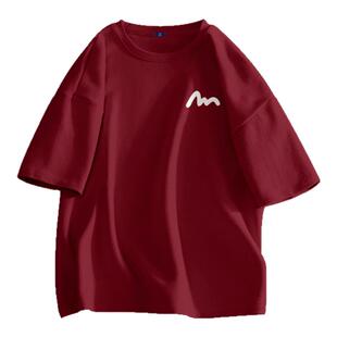 GENIOLAMODE酒红色短袖t恤男款2025新款枫叶红高级感夏季宽松半袖