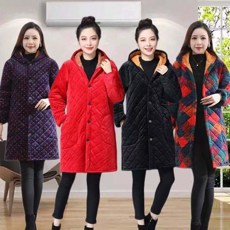 加绒加厚女罩衣大码连帽罩衫厨房围裙中长款冬妈妈装厚外套工作服