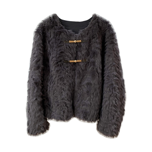 高级感环保皮草仿小湖羊皮毛一体圆领短款吸扣年轻款冬毛毛外套女