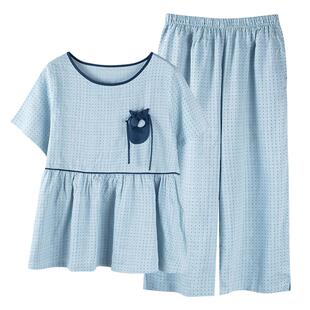 梭织棉纱布睡衣女夏季纯棉短袖七分裤薄款夏天女款休闲夏款家居服