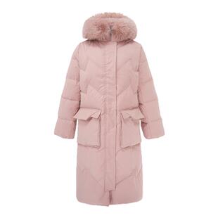 EYEDOLL新款甜美收腰连帽中长款粉色羽绒服