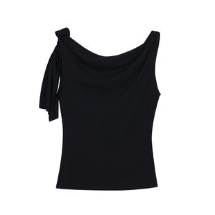 pusumede独特漂亮蝴蝶结绑带露肩别致t恤女夏季修身法式斜肩上衣