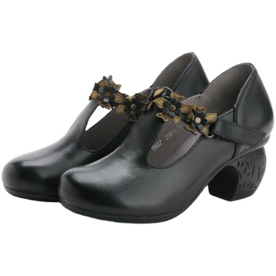 手工花朵春夏秋圆头皮鞋软底防滑