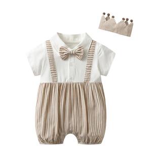 满月婴儿衣服百天宝宝男孩拍照夏季短袖连体衣薄款纯棉绅士礼服