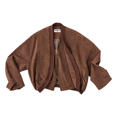 麂皮假两件插兜短夹克巴恩风