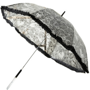沛欣雨伞夏季爱心小清新白色蕾丝黑色弯柄半自动长柄伞拱形透明伞