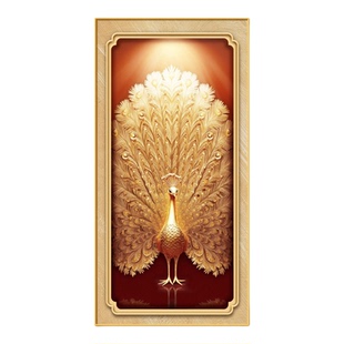 孔雀开屏入户玄关装饰画轻奢高级感走廊过道挂画吉祥如意竖版墙画