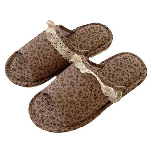 细细条 复古碎花一字棉拖女四季通用室内防滑韩系蕾丝边棉麻拖鞋