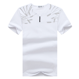 纯棉冰丝透气短袖t恤男装夏季V领修身潮牌白色半袖简约环保打底衫