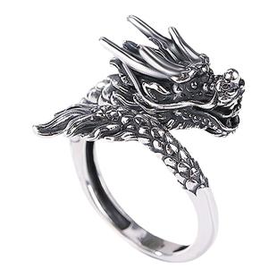 足银复古做旧霸气神龙戒指十二生肖生肖龙中性银开口指环龙子戒子