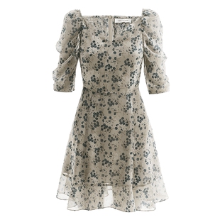 莱茵福莱尔收腰中袖连衣裙垂感提花雪纺裙初秋v领碎花裙