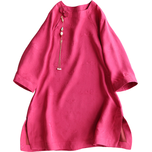 云澍原创 绞罗红云纱新中式国风复古盘扣七分袖桑蚕丝上衣T恤女夏