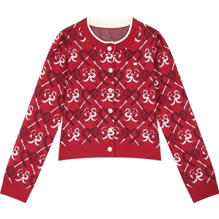 妖精的口袋复古亮闪老花针织衫女2025冬季新款新年战袍红色毛衣