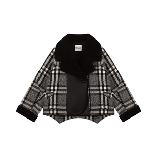Amybaby女童上衣冬季2025新款复古风时尚格纹加厚大翻领短款外套