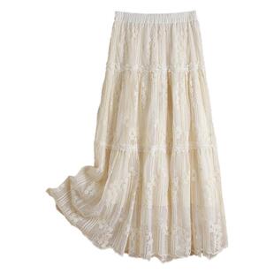 浪漫蕾丝风白色网纱刺绣半身裙女2026春夏新款高腰蛋糕裙优雅长裙