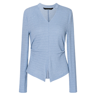 罗衣知性V领收腰肌理感针织衫女春气质百搭蓝色修身长袖上衣13203