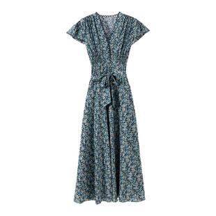 【1OO%真丝双绉】 法式刺绣花边V领小飞袖收腰系带真丝印花连衣裙