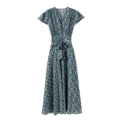 【1OO%真丝双绉】 法式刺绣花边V领小飞袖收腰系带真丝印花连衣裙