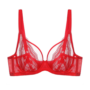 轻夕法式性感蕾丝薄款大胸内衣上托侧收文胸新年红色本命年套装女