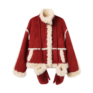 西町村屋韩系外套女装2025冬季新款休闲立领上衣含手套XHAD10868