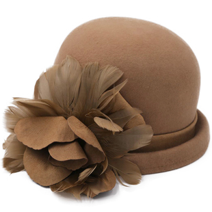 Lion~美好年代 花朵羽毛可拆卸羊毛呢短檐钟形帽盆帽礼帽毡帽秋冬