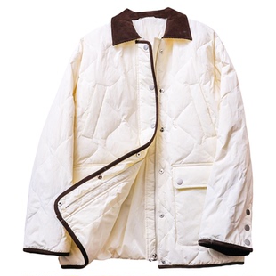 撞色灯芯绒翻领对称口袋绗缝中长款2025冬季新款长袖女羽绒服M349