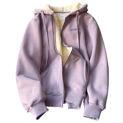 仿羊羔绒宽松加厚连帽开衫外套女