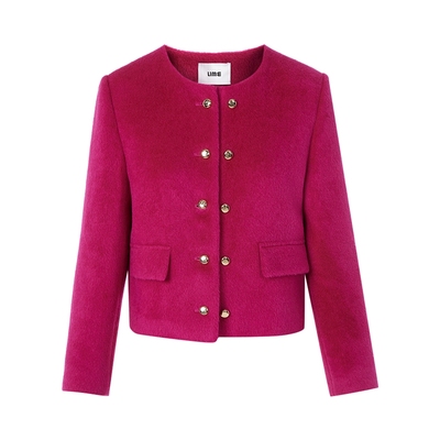 朗姿集团LIME莱茵羊驼毛短大衣孔雀粉红色气质简约小个子25冬新款