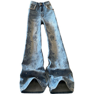 钉珠玫瑰印花阔腿牛仔裤女春季2026新款浅蓝色高腰显瘦宽松直筒裤