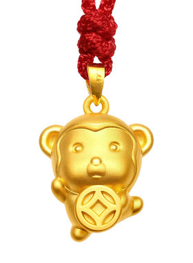 生肖猴黄金吊坠女 足金999钱币猴本命年纯金猴子挂坠