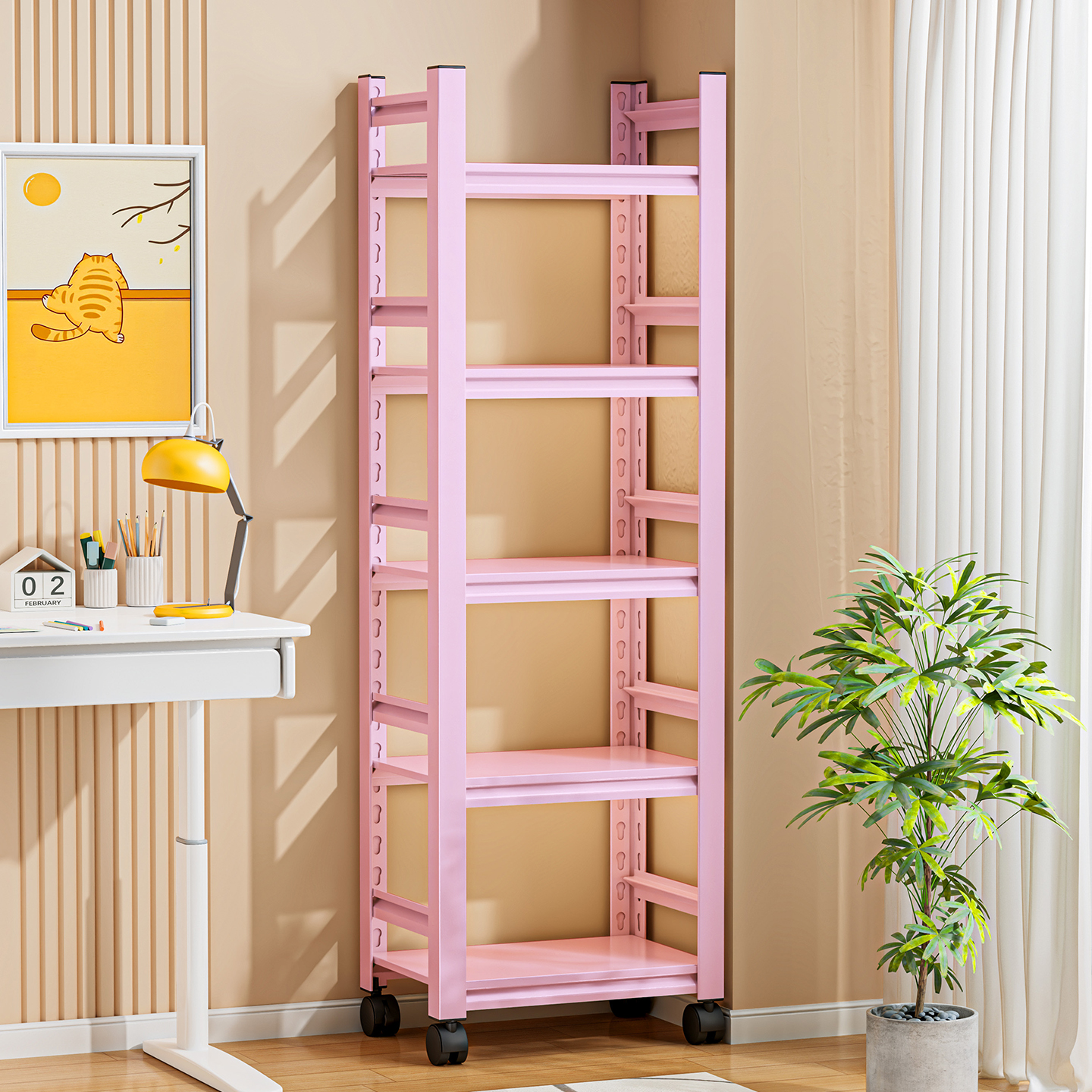 可移动书架钢制多层落地置物架儿童彩色书柜带轮家用收纳储物架