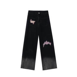 黑色渐变刺绣直筒牛仔裤女高腰秋冬新款大码胖mm宽松显瘦阔腿裤子