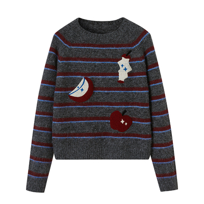 DIMOA苹果刺绣条纹毛衣女