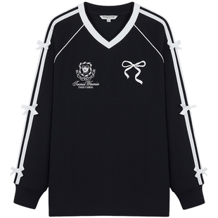 TEENIEWEENIE bearnova25年秋季新款学院风宽松蝴蝶结长袖V领T恤