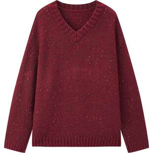 爱居兔秋季暗红色时尚复古长袖针织衫