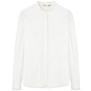 布景衬衫女春季新品简约花边立领褶皱设计纯色长袖纯棉衬衫0957