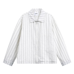 悟空有货春季潮牌高级感竖条纹长袖衬衫男女复古宽松情侣百搭衬衣