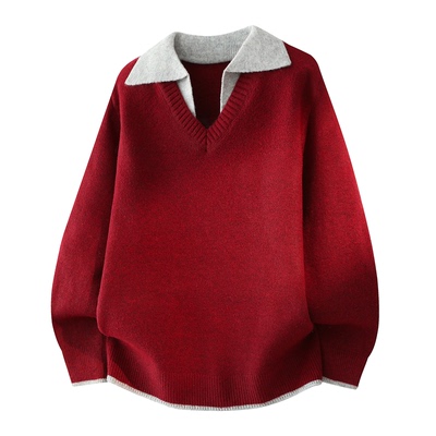 拉夏贝尔假两件撞色polo领毛衣冬季红色新年针织衫男保暖休闲上衣