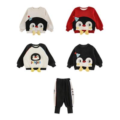 幼悠男童2025新款长袖圆领企鹅撞色加绒卫衣冬季加厚儿童束脚裤潮