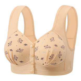 舒适棉质前扣纽扣妈妈文胸女无钢圈全罩杯印花背心式聚拢上托内衣