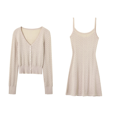 镂空针织长袖开衫吊带连衣裙