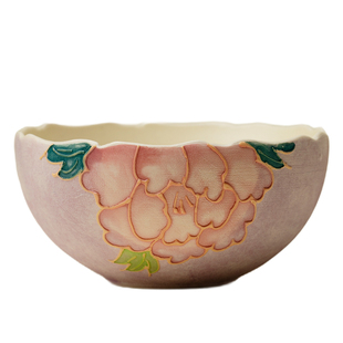 里作 紫烟手绘牡丹花普洱杯陶瓷主人杯创意手工堆雕绘茶杯品茗杯