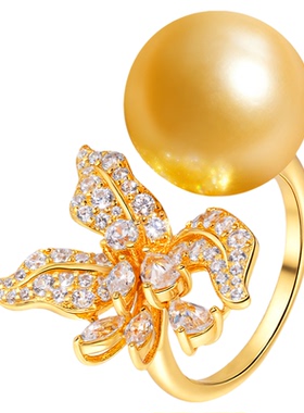 VISING珠宝【鸢尾花】黄金色金贝珠仿珍珠戒指S925银活口14mm金珠