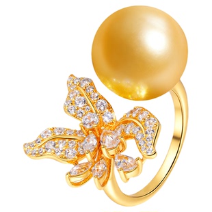 VISING珠宝【鸢尾花】黄金色金贝珠仿珍珠戒指S925银活口14mm金珠