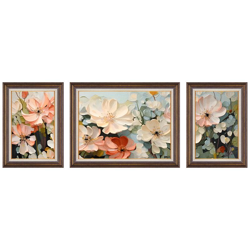 美式沙发背景墙三联画欧式花卉客厅装饰画壁画花开富贵新房肌理画