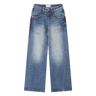 出逃赤岗西 复古水洗蓝牛仔裤女秋美式高街低腰宽松直筒阔腿裤子